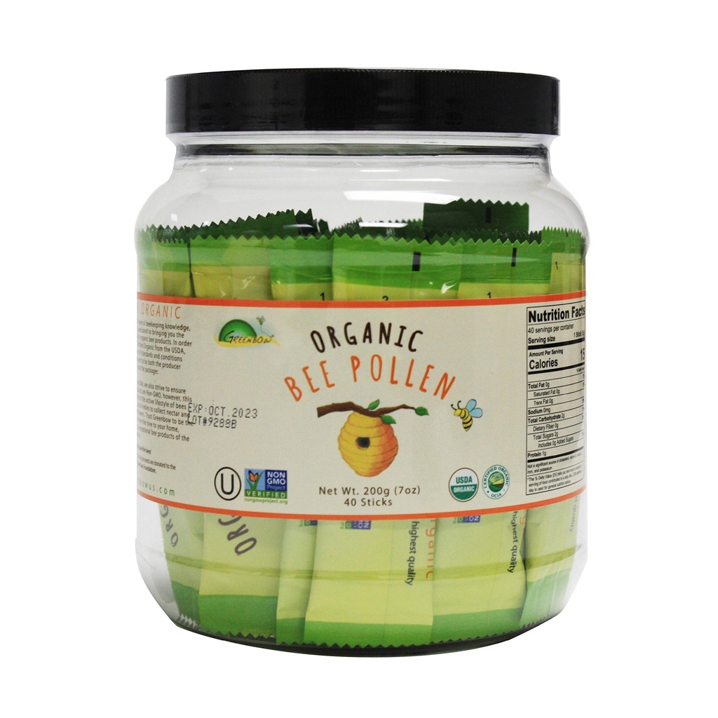 Pollen bio d'abeilles Greenbow - 100% certifié USDA biologique, non-OGM, halal, kasher certifié, pur et naturel de l'abeille Pollen - Superaliment emballé avec des protéines, des vitamines et des minéraux - sans gluten –5g x 40stick