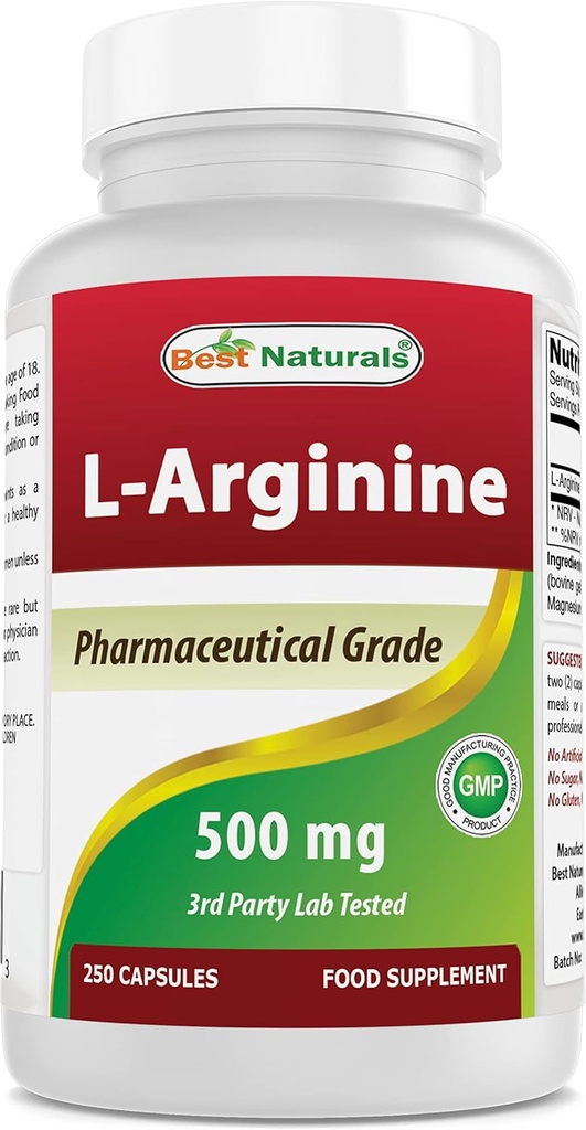 Best Naturals L-Arginine 500mg 250 Capsules - Pharmaceutical Grade L supplément d'arginine favorise la synthèse d'oxyde nitrique