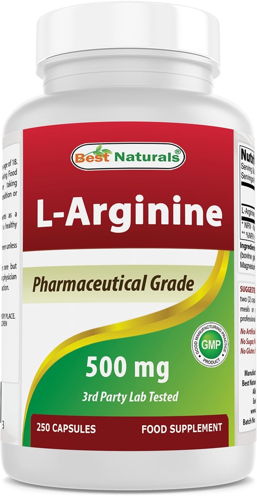 Best Naturals L-Arginine 500mg 250 Capsules - Pharmaceutical Grade L supplément d'arginine favorise la synthèse d'oxyde nitrique