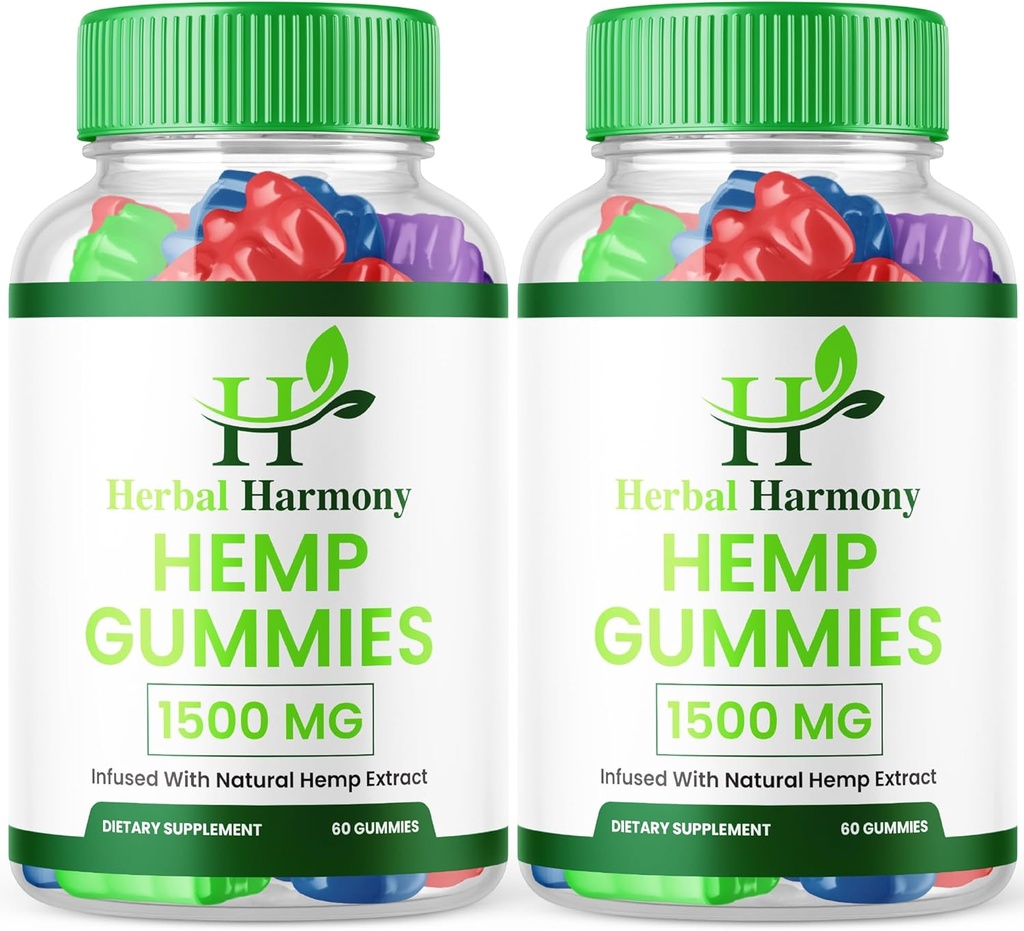 (2 Pack) Gommies de chanvre Harmonie Herbal - Formule officielle - Gommies de chanvre Harmonie Herbal Performance maximale Mélange de chanvre Extra Strength, Great Taste 25mg Par Gummy, 1500mg Par bouteille New 2024 (120 Gommies)