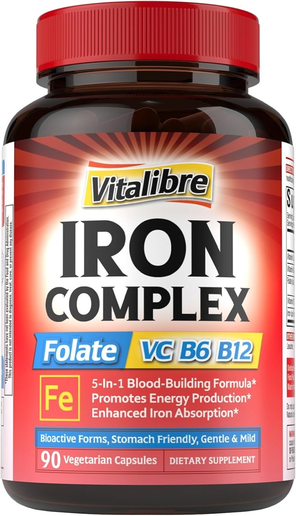 Supplément en fer pour les femmes et les hommes, avec des vitamines C, B6, B12 & Folate pour la carence en fer, Blood Building & Energy Support, estomac amical, meilleure absorption, non-OGM, sans gluten, 90 capsules végétaliennes
