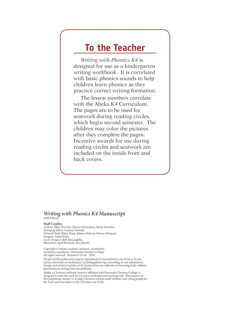 Writing With Phonics K4 Manuscript - Abeka K4 4 Year Old Kindergarten Manuscript Phonics Penmanship Student Work Book