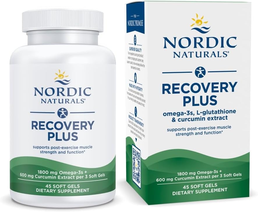 Nordic Naturals Recovery Plus, non aromatisé - 45 gels mous - 1800 mg Omega-3 Huile de poisson - 600 mg Longvida Curcumine optimisée - Santé cellulaire et rétablissement - Soutien musculaire post-exercice - 15 portions