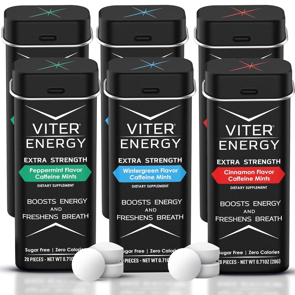 Vitre énergie Menthes caféinées extra-résistance 80mg caféine, B vitamines, sans sucre. (Variété, 20pcs, 6 Pack)