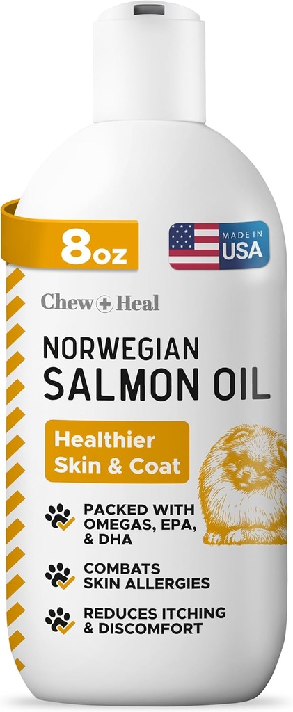Huile de saumon pour chiens - Huile de poisson premium pour la peau et la peau - Supplément Omega 3 - Supporte la peau démangeaison - 8 oz liquide - Huile de saumon de chien norvégien - Supplément de chien essentiel
