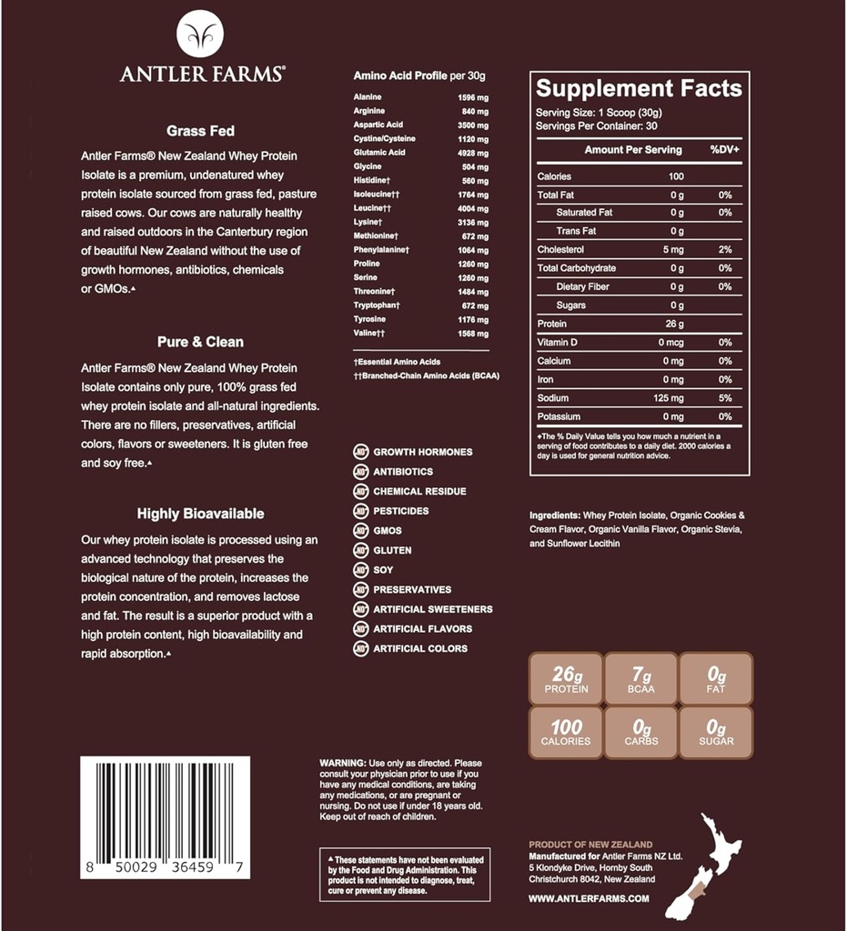 Fermes Antler - 100% herbe Fed Nouvelle-Zélande Isolation de la protéine Whey, biscuits et crème, 2 lbs - Pure et propre, 5 ingrédients, froid traité