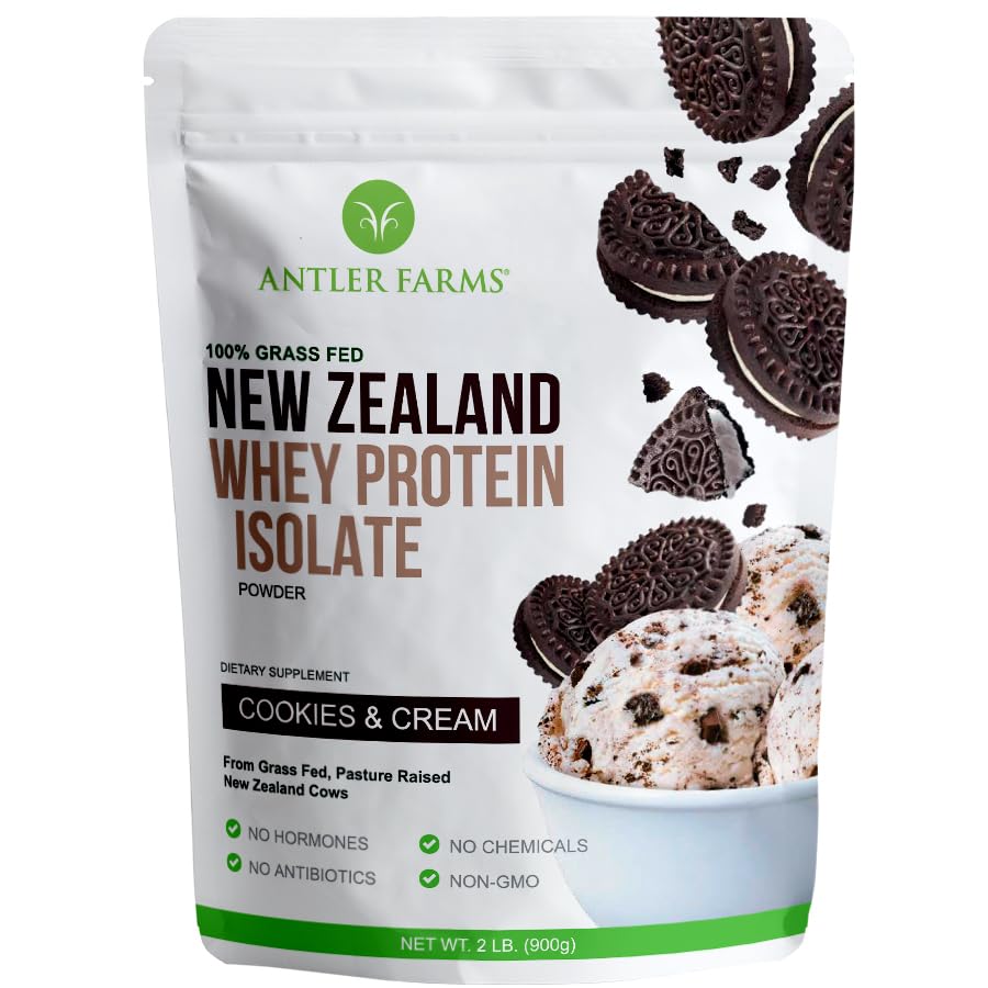 Fermes Antler - 100% herbe Fed Nouvelle-Zélande Isolation de la protéine Whey, biscuits et crème, 2 lbs - Pure et propre, 5 ingrédients, froid traité