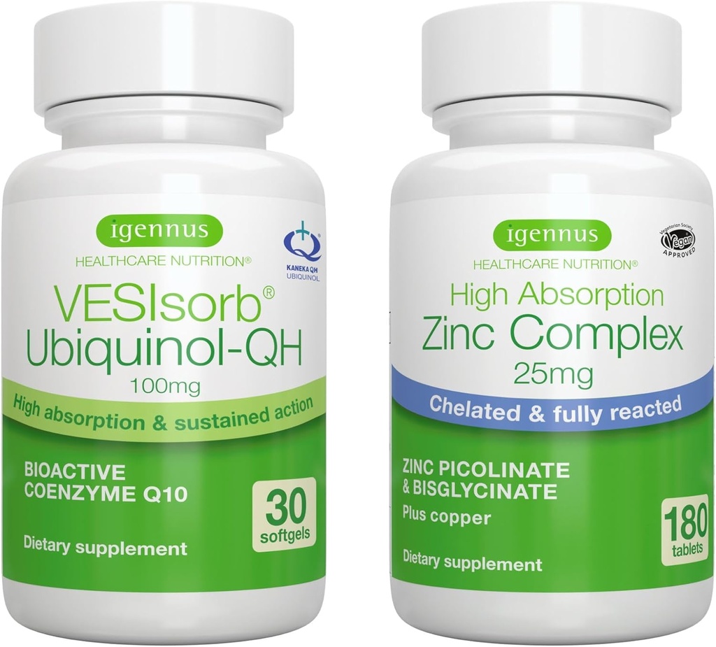VESIsorb Ubiquinol-QH + Ensemble complexe de zinc pour la fertilité, Avanced CoQ10 100mg + 25mg de zinc chélaté, par Igennus