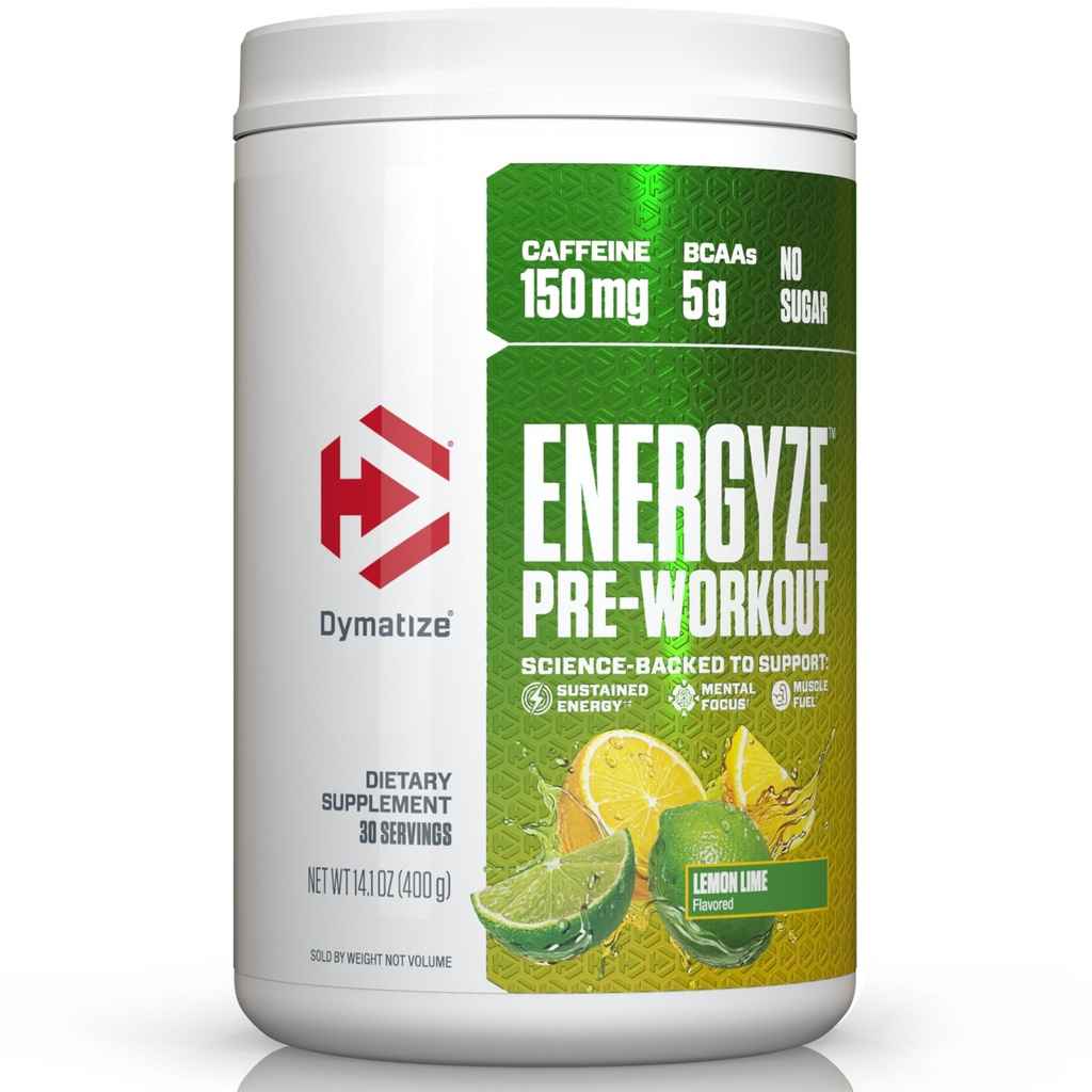 Dymatize Energyze poudre de pré-entraînement pour les hommes et les femmes, citron Lime Saveur, 150mg caféine, 5g BCAAs, mélange de performance de L-Theanine, L-Tyrosine, L-Citrulline, Pas de sucre, 30 portions