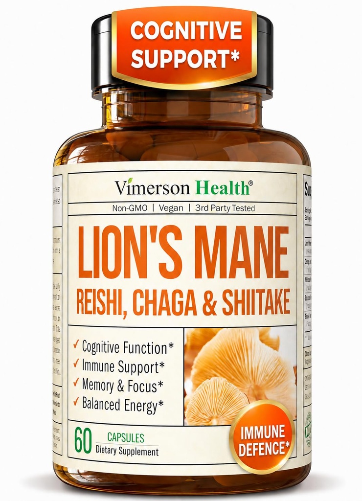 Lions Mane Supplément Capsules - Mélange de Poudre de Champignons avec Lions Mane Poudre, Turkey Tail, Shiitake Champignons & Plus. Focus & Suppléments d'énergie pour Mood & Immune Support. Non-OGM. 60 Capsules Vegan