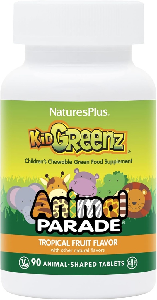 NaturesPlus Parade animale KidGreenz, saveur de fruits tropicaux - 90 comprimés en forme d'animal, à croquer - lot de 2 - avec brocoli et épinard - Végétarien, sans gluten - 180 portions totales