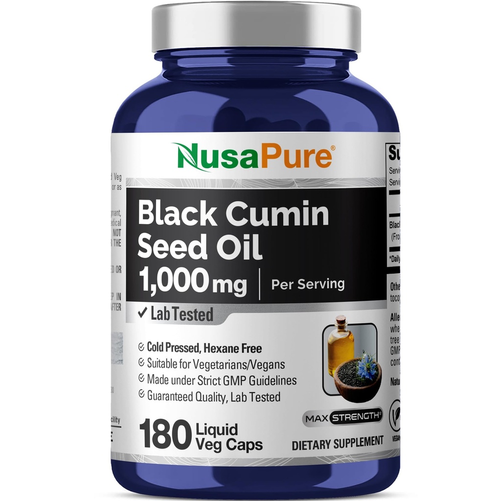 NusaPure Black Seed Oil 1000 mg par portion de 180 capsules de softgel (non-OGM, végétarien) à pression froide Virgin Nigella Sativa. Hexane libre