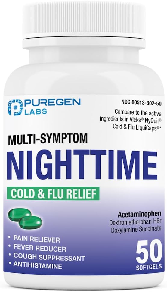Puregen Labs Nighttime Cold and Flu Relief Medicine (Médicament contre le rhume et la grippe) 50 capsules liquides Softgel Aide à soulager la gorge, la toux, la fièvre, les maux de tête, le nez de runny, la congestion et les douleurs.