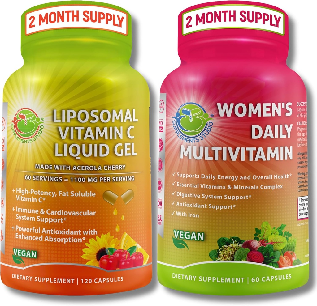 Ensemble de soutien immunitaire – Vitamine liposomique C 1100mg Capsules de gel liquide avec cerise acérola biologique et femmes véganes Multivitamine quotidienne avec fer – Non-OGM, Clean Daily Wellness Support