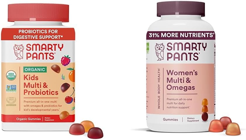 SmartyPants Gommies multivitamines organiques pour enfants: Probiotiques, Oméga 3 (ALA), Vitamine D3, C, Vitamine B12 et Gommies multivitamines pour femmes: Oméga 3 Huile de poisson (EPA/DHA), Méthylfolate, CoQ10