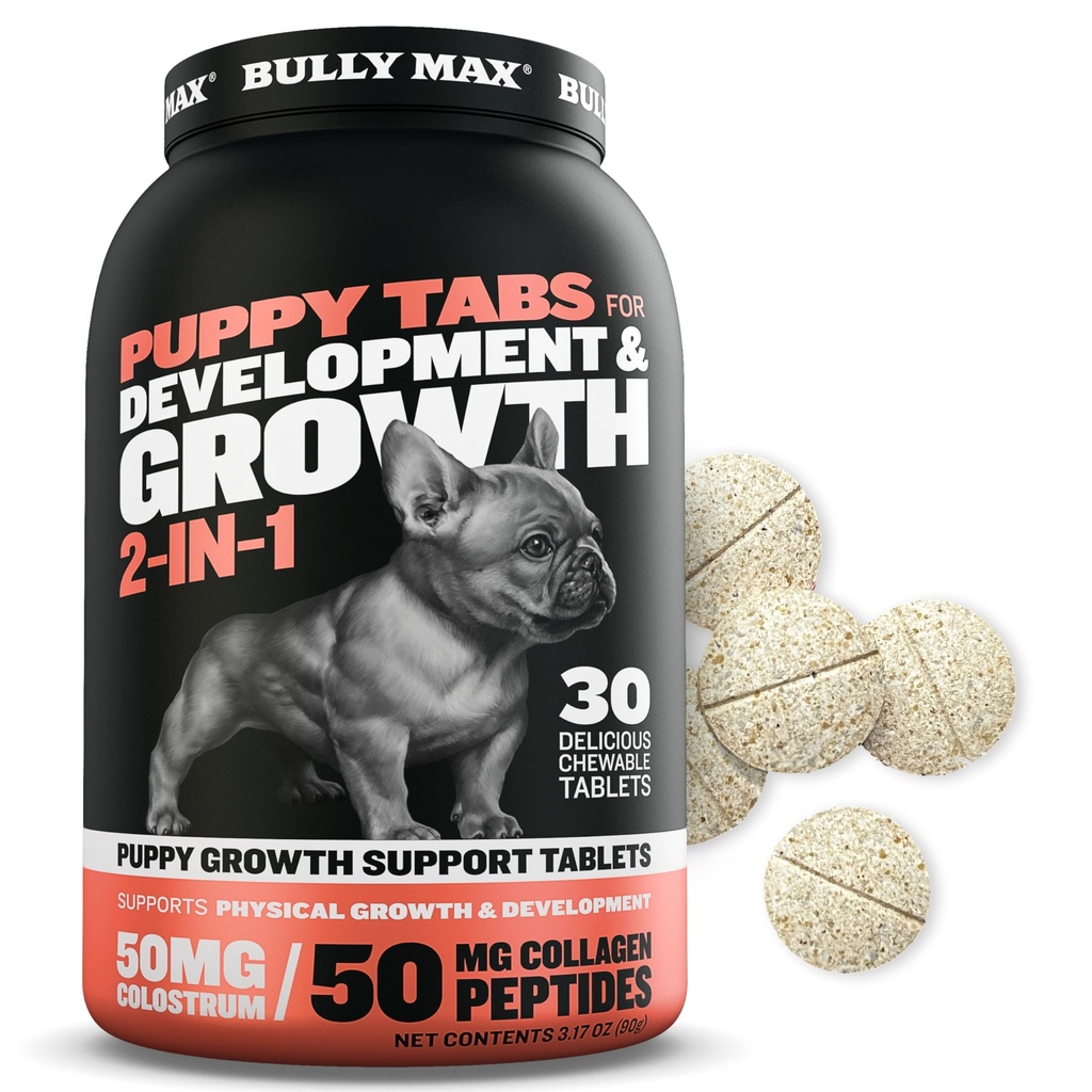 Vitamines de chiots Bully Max 2-en-1 - 30 comprimés à croquer pour le développement et la croissance des chiots - Gâteries pour chiens, vitamines et suppléments pour petits chiens et gros chiots de race - Peut être utilisé comme apprêt alimentaire
