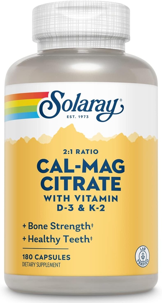 SOLARAY Calcium Magnésium Citrate w/Vitamine D3 K2 - Suppléments de calcium pour les femmes et les hommes - Soutien à la santé des os et du coeur - Cal Mag 2:1 Ratio, plus vitamine D 3 et K2, garantie de 60 jours, 30 portions