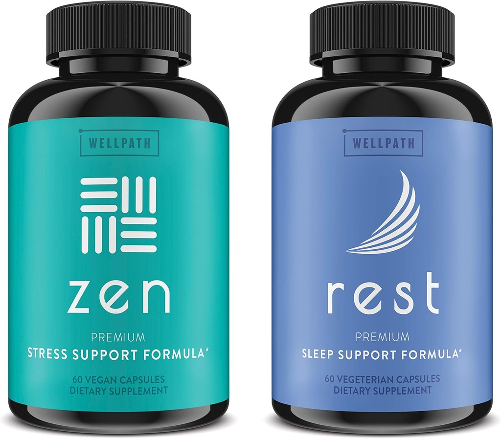 WellPath Zen Mood Support + Rest Valerian Root Sleep Aid Suppléments 2 Pack - Combinaison ultime pour l'humeur calme, l'énergie et le soutien du sommeil naturel - L-Theanine et autres ingrédients naturels - 60 Cts Chacun
