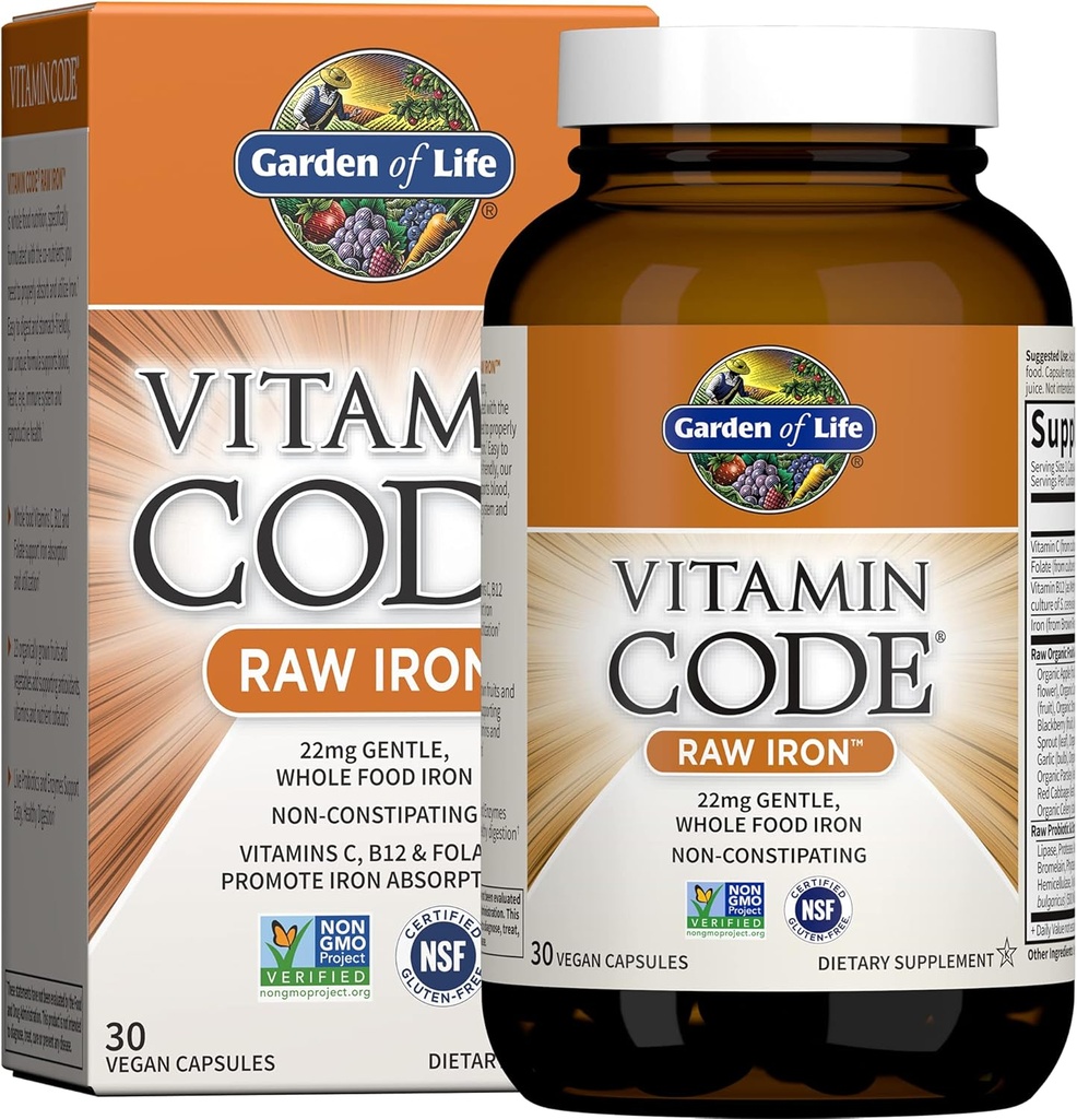 Garden of Life Vitamine Code Raw Iron Supplement - 30 Capsules Vegan, 22mg Une fois par jour Fer, Vitamines C, B12, Folate, Fruits, Veggies & Probiotiques, Suppléments de fer pour les femmes, Soutien énergétique et anémie