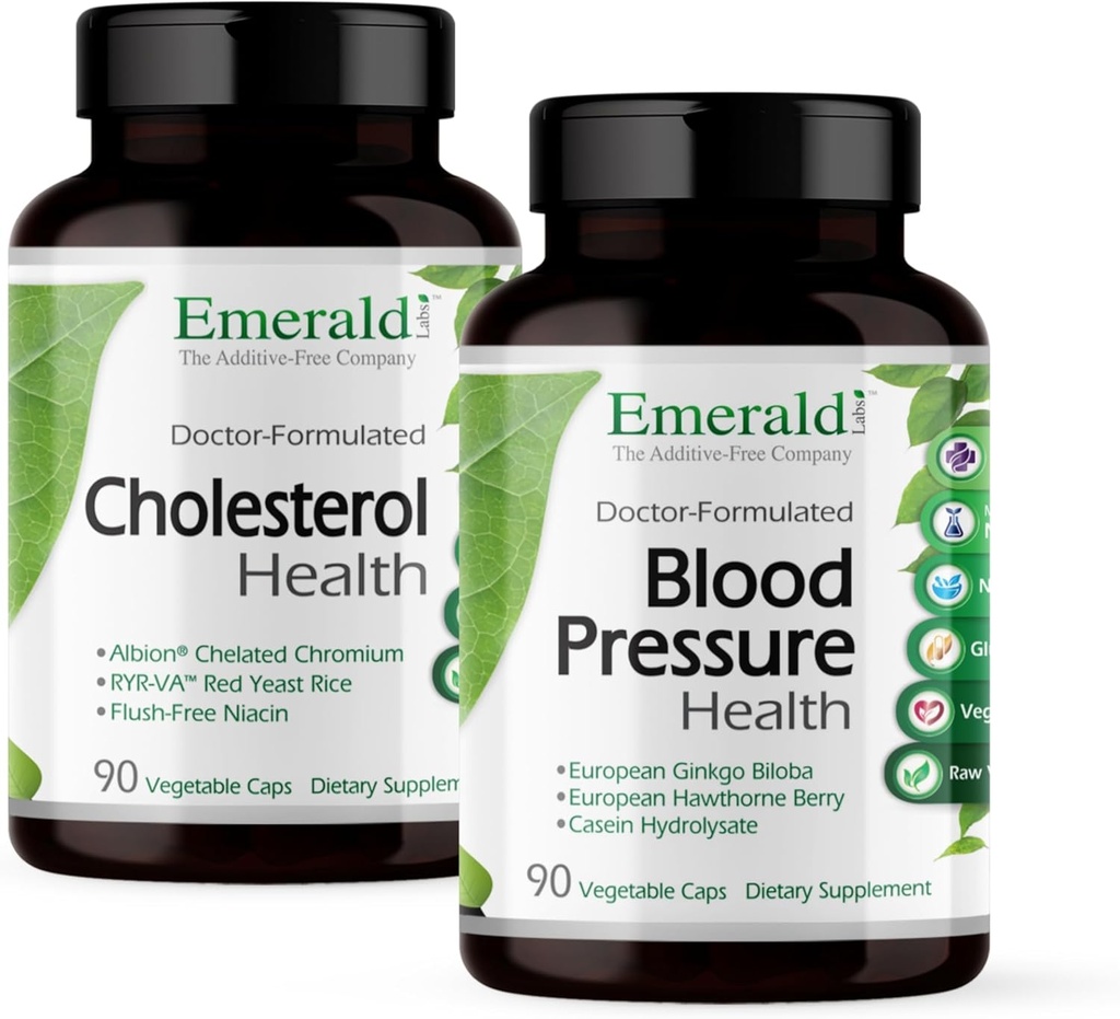 EMERALD LABS Cholestérol Health (90 Caps) & Blood Pressure Health (90 Caps) - Support Heart & Circulatory System - Supportez les niveaux de pression artérielle dans une gamme normale - Sans gluten - 30 jours d'approvisionnement