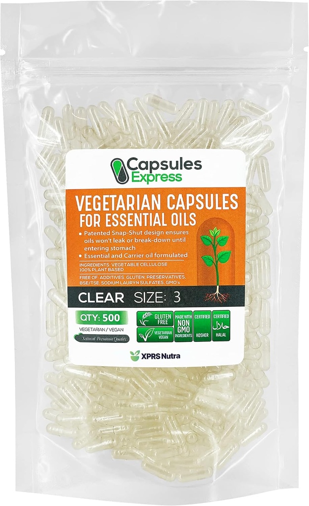 XPRS Nutra Taille 3 Capsules Vegan vides - 500 Compte Capsules de légumes clairs pour la plupart des huiles essentielles - pilules végétales vides - remplissage d'huile de bricolage