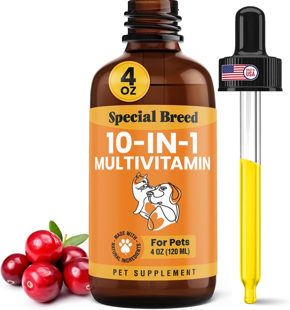 Multivitamine liquide 10-en-1 pour chiens et chats, supplément multivitamine 4 once, vitamine pour chiens, vitamines pour chats, avec glucosamine et canneberge, 4 oz