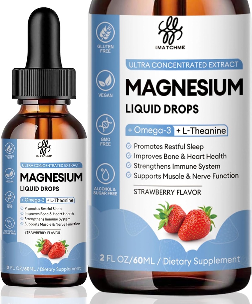 iMATCHME Magnésium Glycinate goutte liquide avec Citrate, Oxyde et Taurate, Magnésium calme avec Oméga3, L-Theanine, D3, B6, B12 pour calme, Sommeil, Crampes de jambes, Muscles, Énergie, Fraise sans sucre