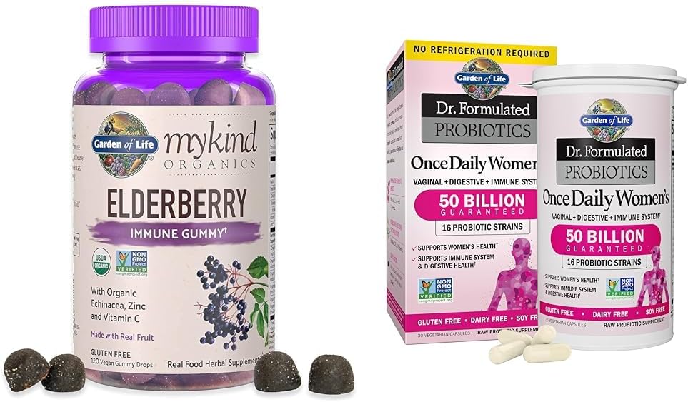 Garden of Life Organics Gummies Elderberry pour adultes et enfants - Supplément de soutien immunitaire avec des fruits biologiques et, Dr. Formulé Probiotiques pour femmes une fois par jour, 16 souches, 50 milliards, 30 capsules