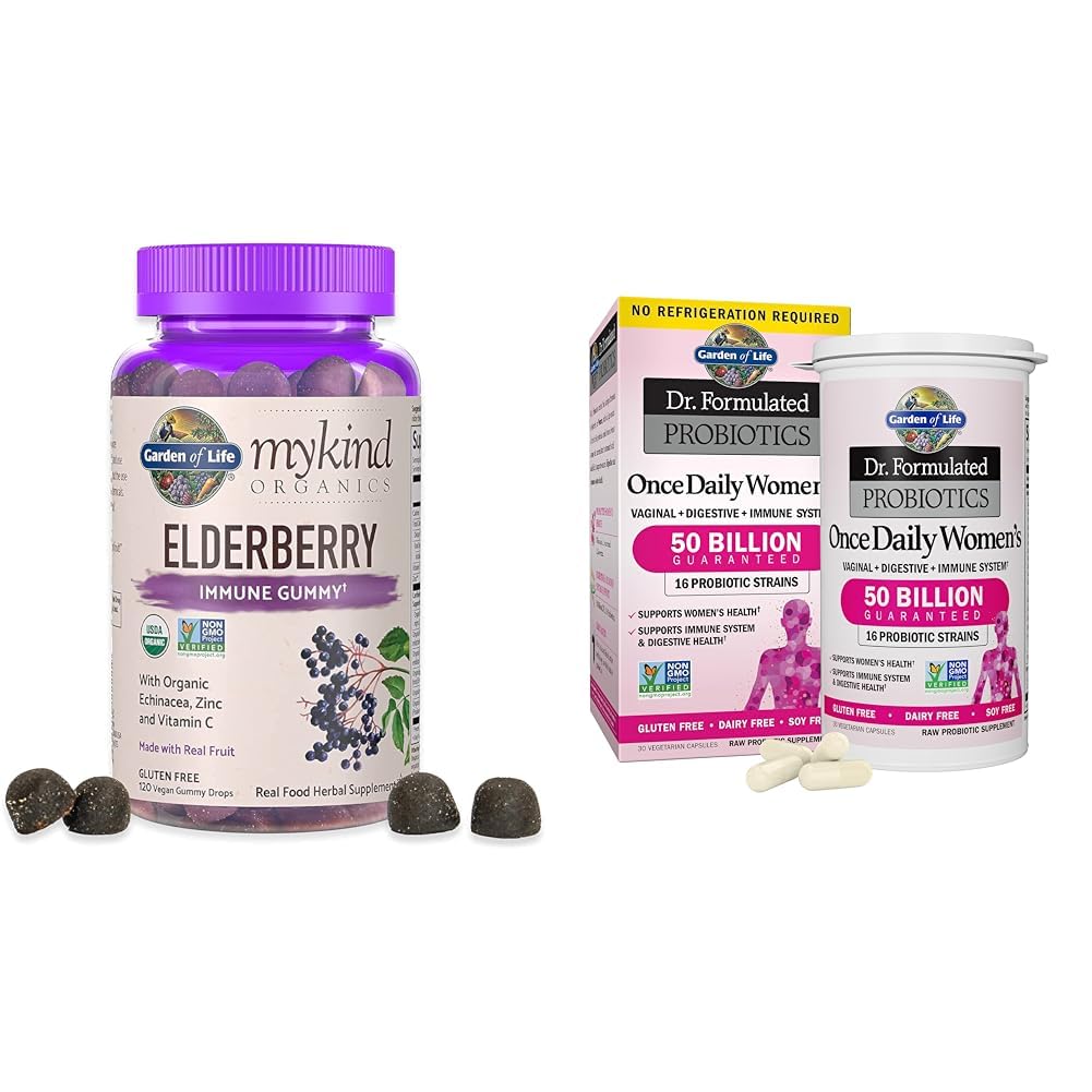 Garden of Life Organics Gummies Elderberry pour adultes et enfants - Supplément de soutien immunitaire avec des fruits biologiques et, Dr. Formulé Probiotiques pour femmes une fois par jour, 16 souches, 50 milliards, 30 capsules