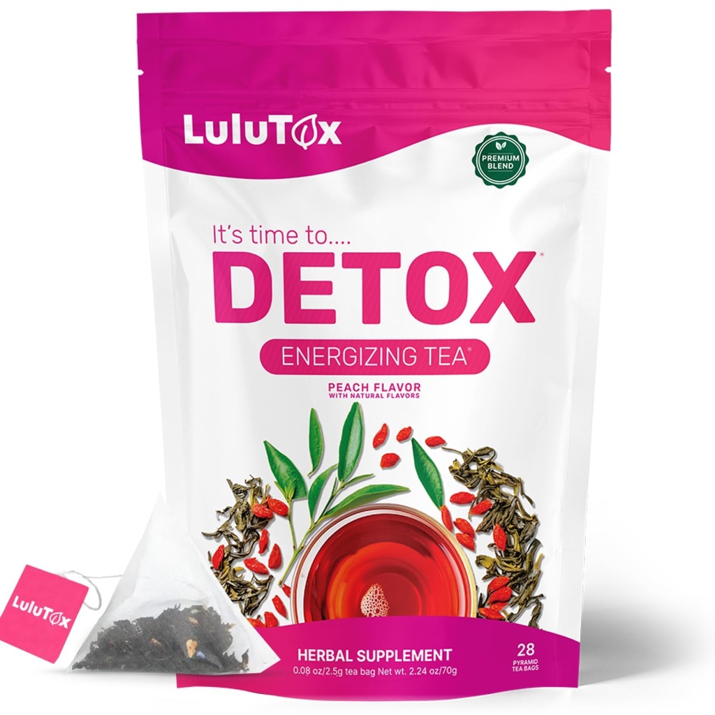 Thé de détox LULUTOX - Thé minceur avec Dandelion et Ginseng pour soutenir les objectifs de nettoyage de détox, ventre plat, Bloating, poids sain et santé digestive - Femmes et hommes - Saveur de pêche (28 portions)