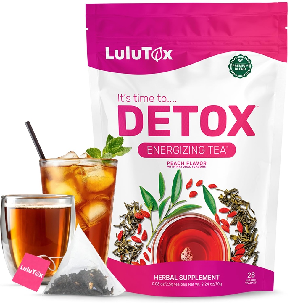 Thé de détox LULUTOX - Thé minceur avec Dandelion et Ginseng pour soutenir les objectifs de nettoyage de détox, ventre plat, Bloating, poids sain et santé digestive - Femmes et hommes - Saveur de pêche (28 portions)