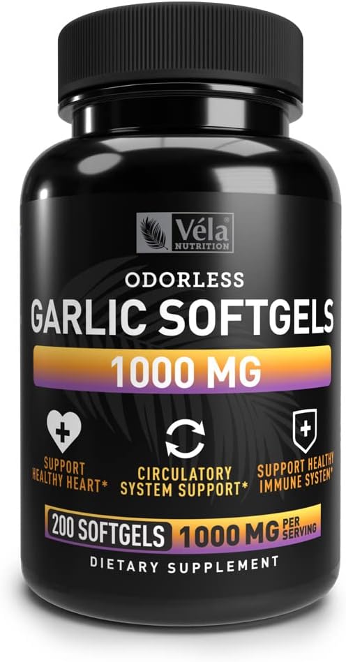 Supplément à l'ail sans odorat $ 1 000 mg par portion $ Soutenir la santé cardiaque, la circulation et le système immunitaire $ BPF certifié, non-OGM, 3e partie testée $ 200 capsules