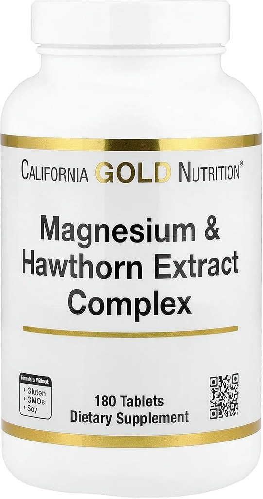California Gold Nutrition Magnésium & Hawthorn Extract Complex avec Taurine, Coleus forskohlii Extract et Hops, 180 comprimés