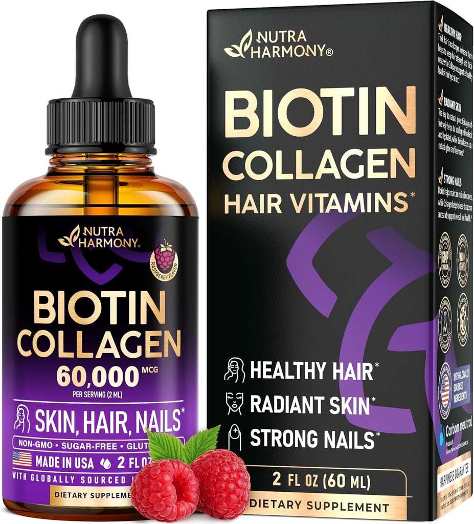 Biotine liquide et collagène - Vitamines pour la croissance des cheveux pour les femmes et les hommes - Extra Strength 60000 mcg gouttes - Supplément B7 - Les ongles forts et la peau saine - 98% Absorption plus rapide que les pilules