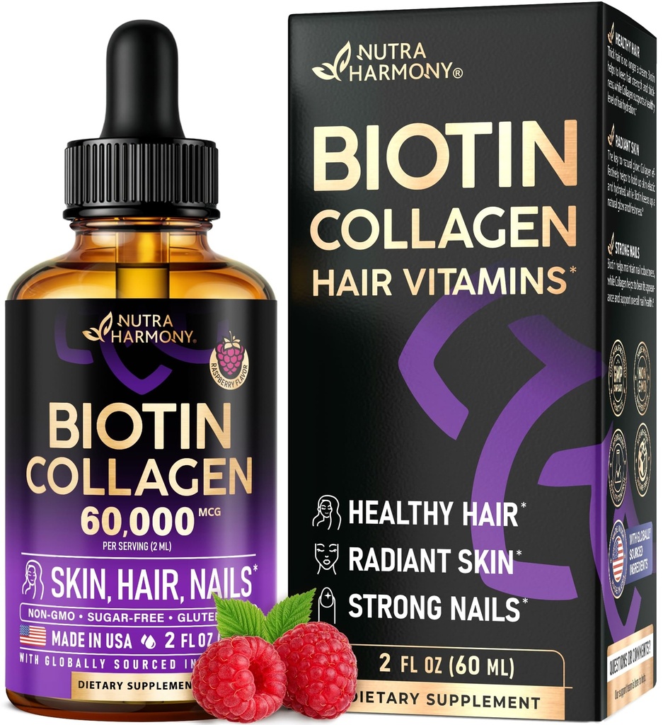 Biotine liquide et collagène - Vitamines pour la croissance des cheveux pour les femmes et les hommes - Extra Strength 60000 mcg gouttes - Supplément B7 - Les ongles forts et la peau saine - 98% Absorption plus rapide que les pilules