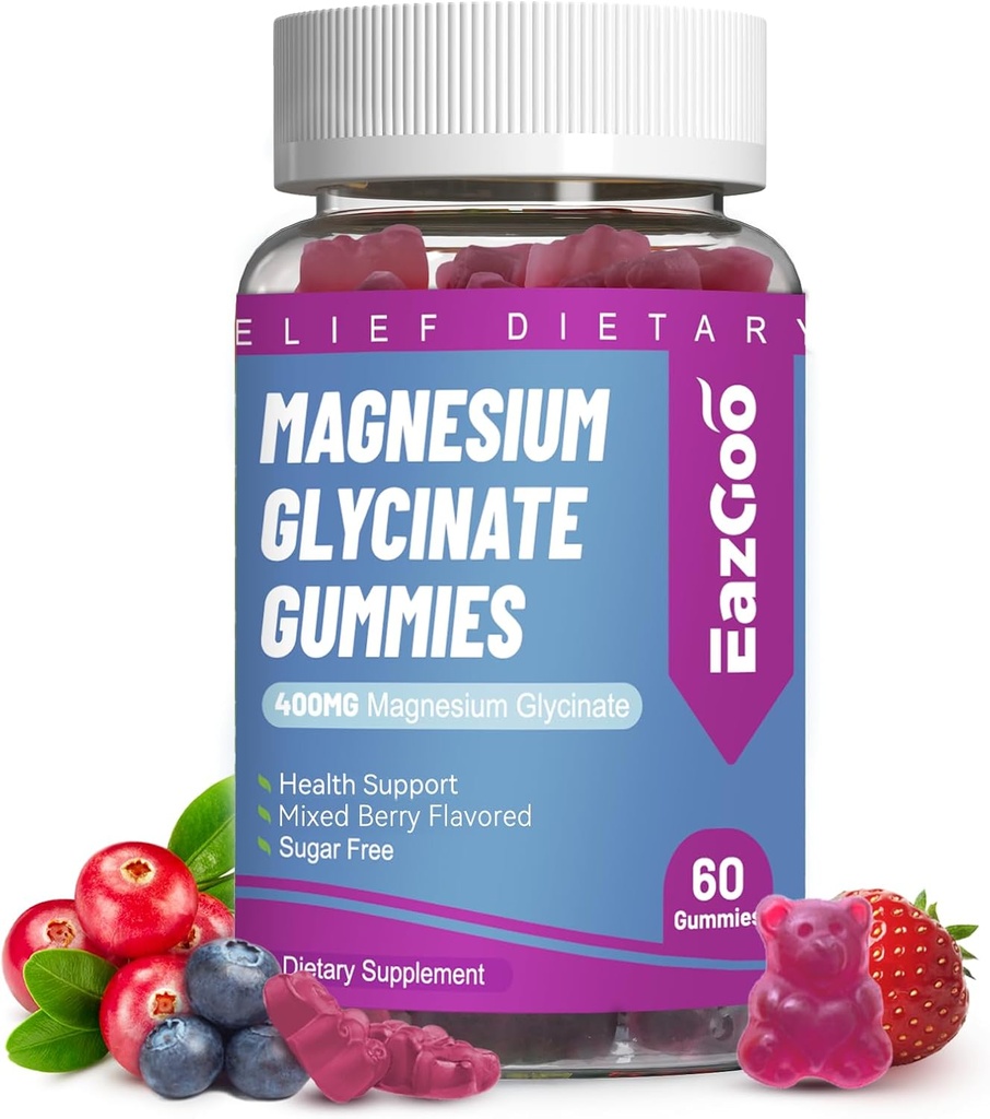 Glycinat de magnésium Gommies 400mg avec L-Thréonine 200mg - Supplément de potassium de magnésium sans sucre avec vitamine D, B6, CoQ10 pour les muscles - 60 Gommies mélangées aromatisées aux baies