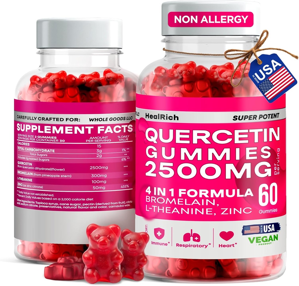 Quercetin Gummies - 2500MG Quercetin avec Bromelain L-theanine & Zinc - Supplément Pure pour système immunitaire Lung et allergie Support - Immunity Booster Vegan Suppléments pour enfants et adultes - Fabriqué aux États-Unis