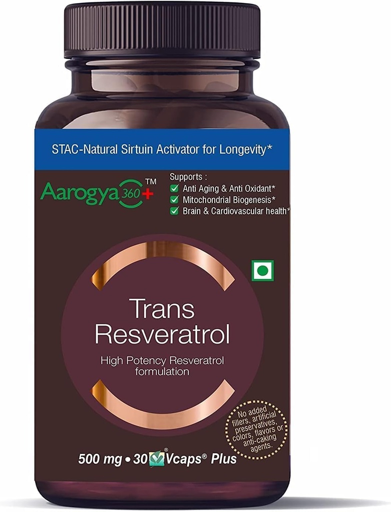 Pure Trans Resveratrol 500 mg avec Bio Perine Anti Vieillissement Soins de la peau Supplément antioxydant pour la santé cardiaque et le soutien immunitaire quotidien 30 gélules vég.