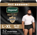 Depend Real Fit Pipes Adultes, Incontinence Sous-vêtements pour Homme, Jetable, Absorbance Maximale, Large/Extra Large, Noir, 52 Compte (2 packs de 26), Emballage May Vary