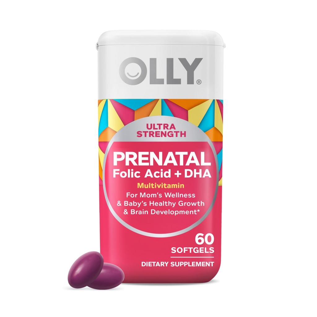 OLLY Ultra Strength Prénatal Multivitamine Softgels, soutient la croissance saine, le développement du cerveau, le fer, l'acide folique, DHA, vitamines C, E, 30 jours d'approvisionnement-60 Compte