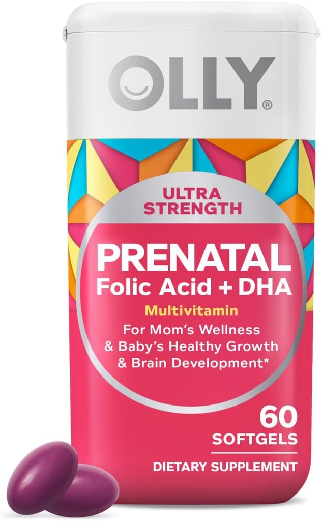 OLLY Ultra Strength Prénatal Multivitamine Softgels, soutient la croissance saine, le développement du cerveau, le fer, l'acide folique, DHA, vitamines C, E, 30 jours d'approvisionnement-60 Compte