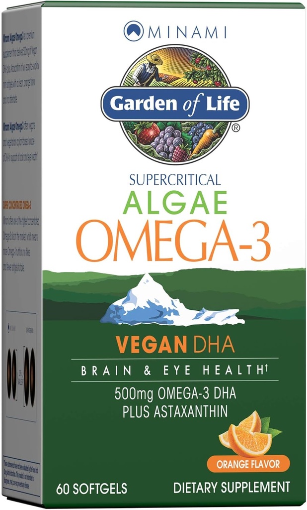 Jardin de la vie Minami Algae Omega 3 Végétalienne DHA pour la santé du cerveau et des yeux - Orange Flavor, 500mg à base végétale DHA Omega-3 Vegan Algae Oil Plus Astaxanthin, Pas d'afteraste, 60 Mini Softgels faciles à avaler