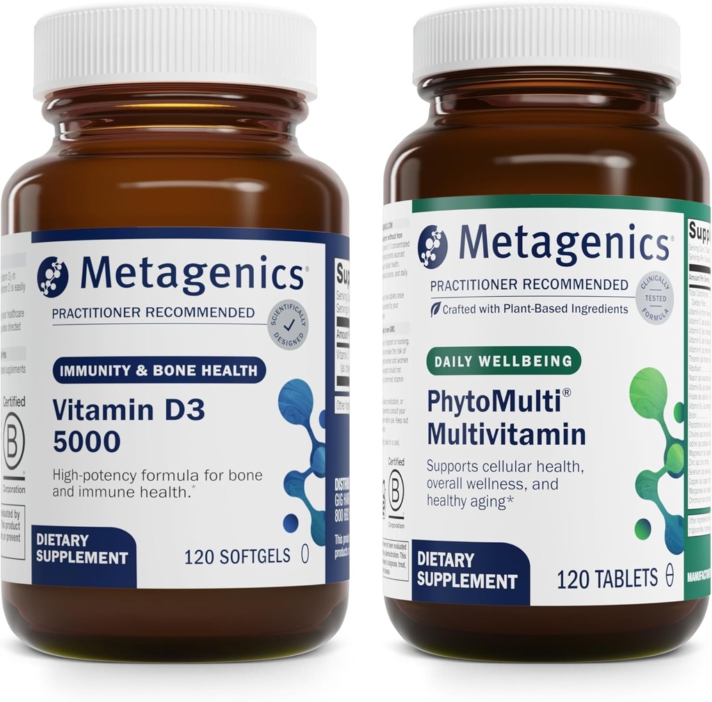Ensemble Métagénique - D3 5000 & PhytoMulti sans fer - 120 Softgels de D3 5000 pour le soutien immunitaire, la santé osseuse et la santé cardiaque - 120 comprimés de PhytoMulti sans fer pour la santé globale et le vieillissement