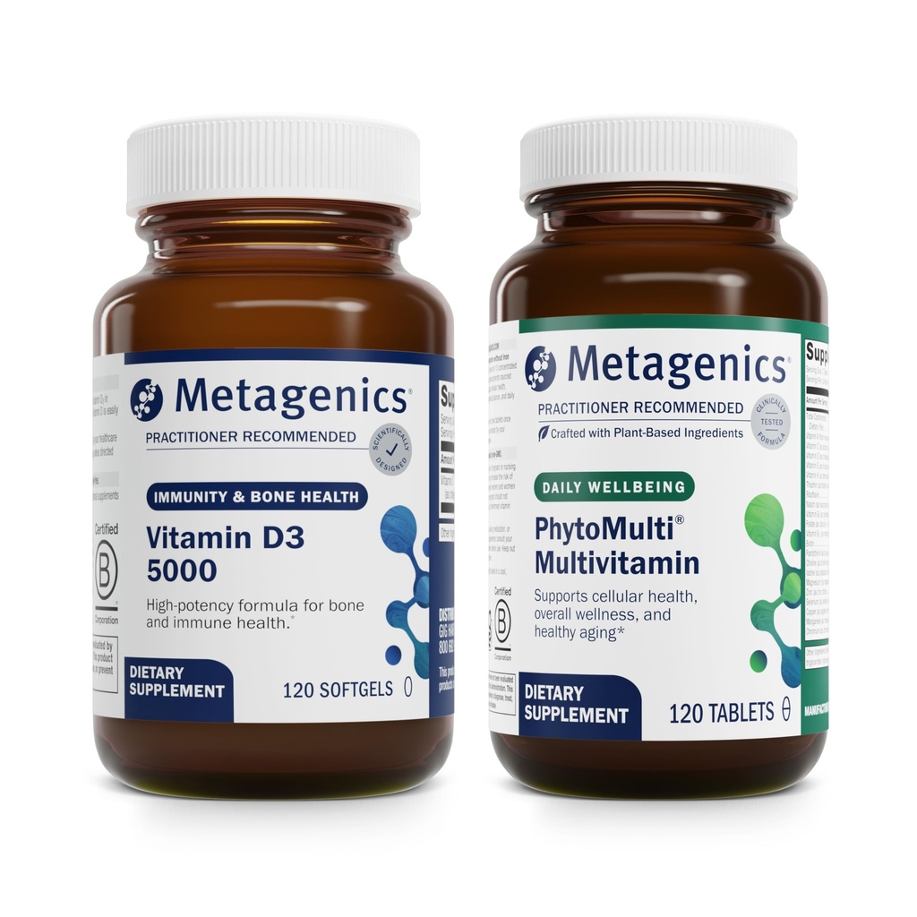 Ensemble Métagénique - D3 5000 & PhytoMulti sans fer - 120 Softgels de D3 5000 pour le soutien immunitaire, la santé osseuse et la santé cardiaque - 120 comprimés de PhytoMulti sans fer pour la santé globale et le vieillissement