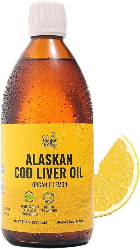 Sur la cible vivant l'huile de foie de morue de l'Alaska liquide de l'huile de citron biologique 16,67 oz. Ligne capturée aux États-Unis de Vitamine D. Riche en Omega 3 DHA/EPA.