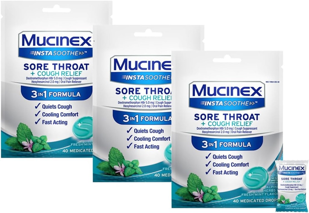 Mucinex InstaSoothe Mal Gorge + Relief de la toux Herbes alpines & Arôme de la menthe, Action rapide, Refroidissement Confort, Mal de gorge puissant Oral Pain Relief, 40 gouttes médicamentées (40 Compte (paquet de 3))