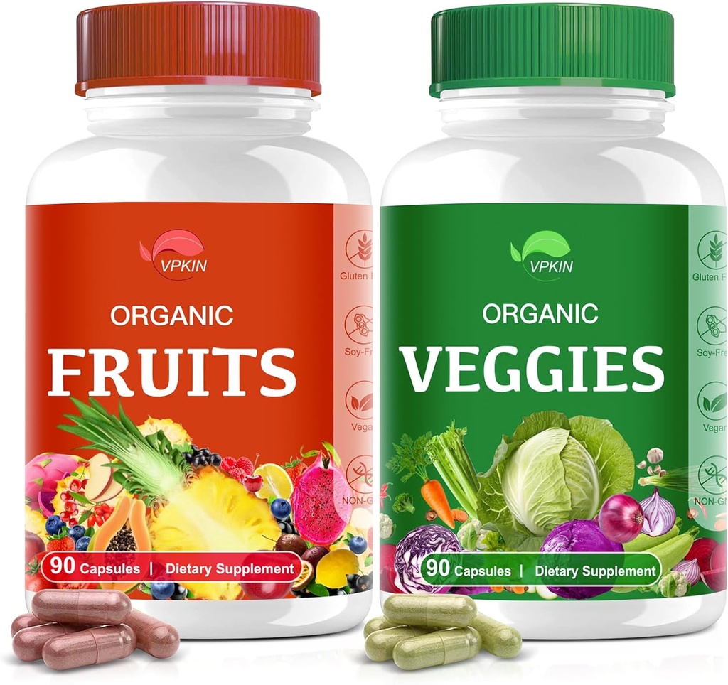 Organic Fruit and Veggie Supplement,Superfood Vitamin Capsules Made with Whole Food and Vegetables for Energy Boost,Vegan,Non-GMO,Gluten-Free(90 Capsules)