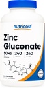 Nutricost Gluconate de zinc 240 Capsules végétariennes (50mg) - Sans gluten et sans OGM