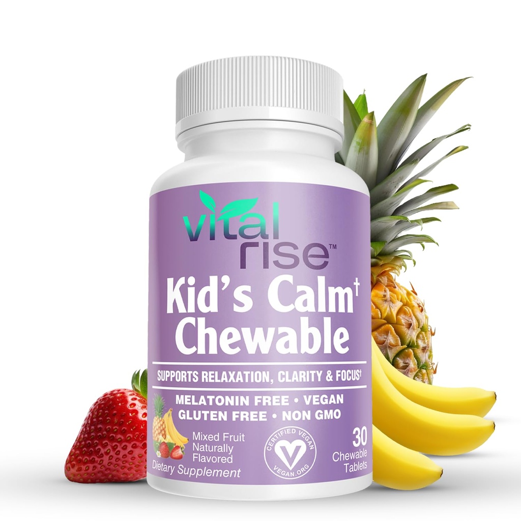 Kids Magnesium Chewables - Supplément quotidien, sans sucre et sans mélatonine, soutient une réponse et un focus de stress sain, Magnésium à absorption rapide avec L-Theanine, saveur de fruits mélangés,