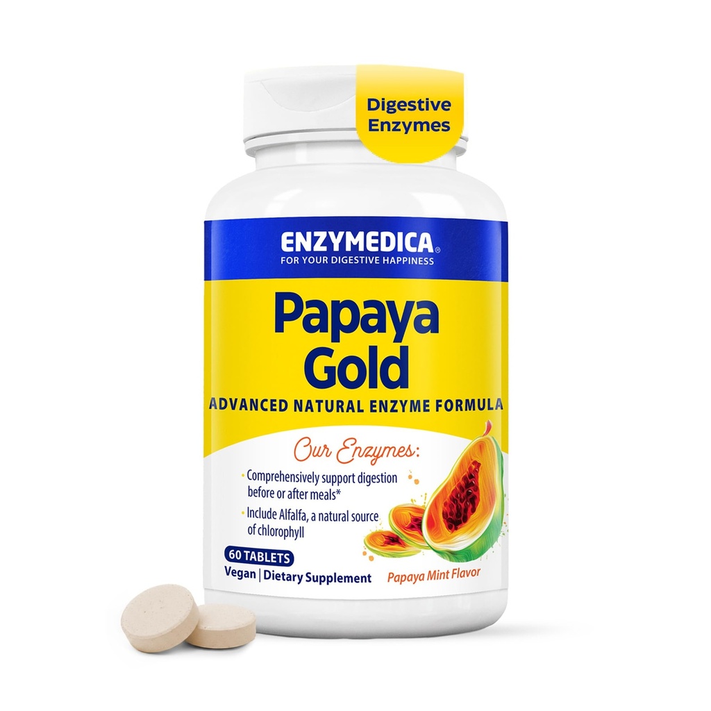 Enzymedica Papaya Gold, enzymes digestives avancées avec la papaye biologique naturelle et la chlorophylle pour un support de digestion complet, bromélain haute puissance et papaine, végétalien, menthe, 60 comprimés à croquer
